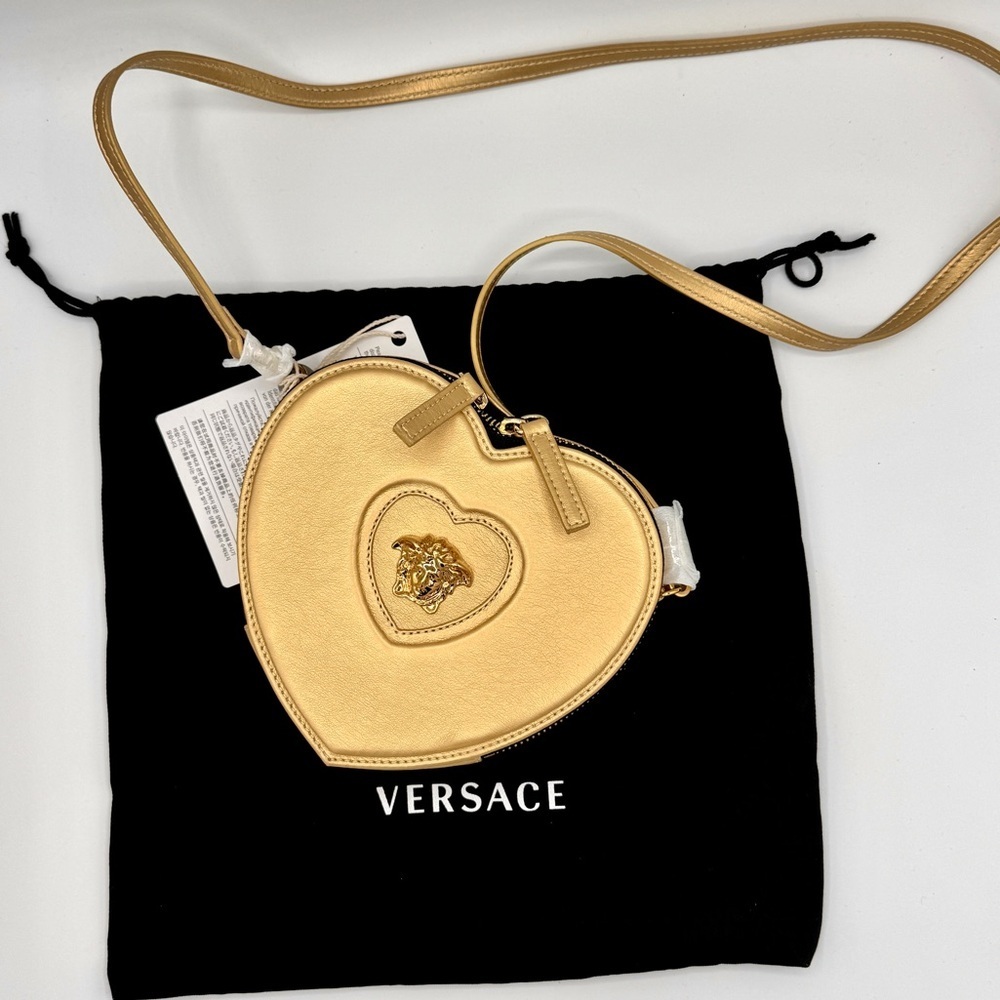 NWT Versace Heart Medusa Crossbody Strap Bag Gold Leather Kids Purse Logo Plaque
